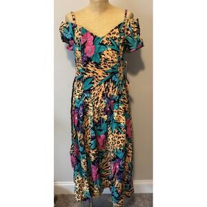 Vintage 80s Party Dress Leopard Print Tropical Floral Punk Dropwaist Cotton 13